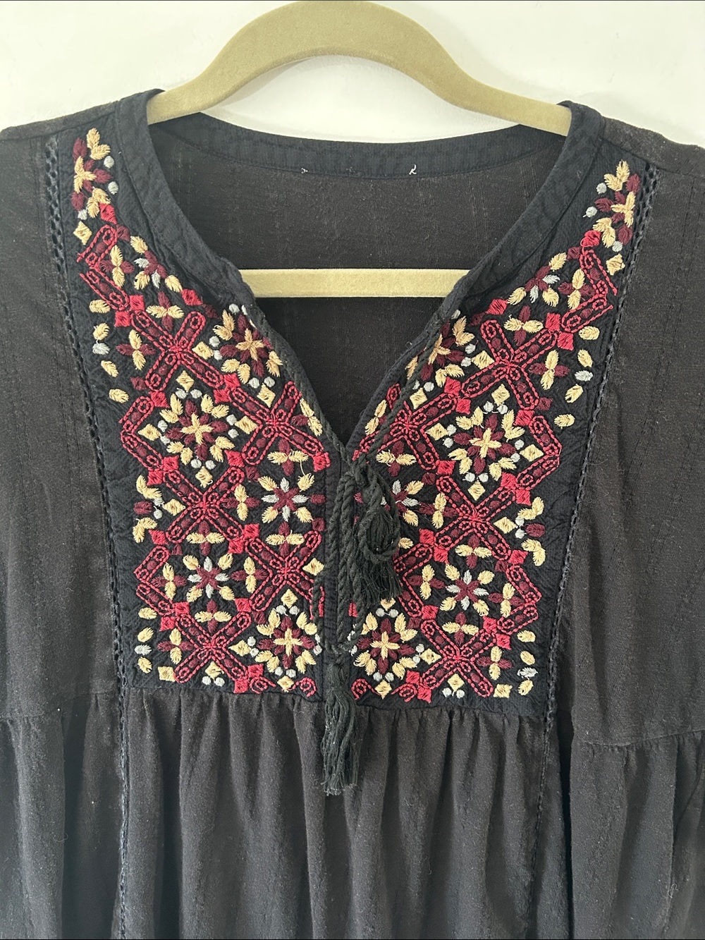 Bohemian Embroidered Flutter Sleeve Tassel Tie Front Top Flowy Feminine Hemline - Picture 2 of 11